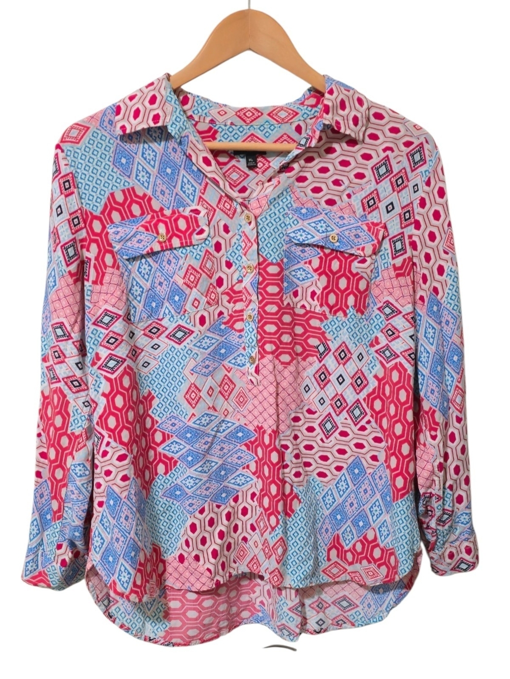 Talbots Patchwork Rayon Popover Blouse Geometric Print Boho Business Resort MP